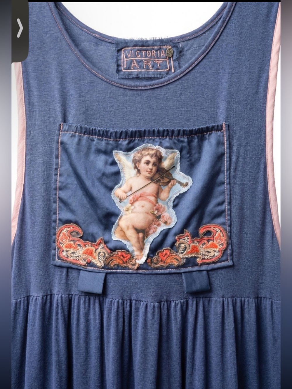 “Angel of Love “ Hand Crafted Navy Blue Maxi Dress with Pink & Orange Accents - Picture 6 of 6